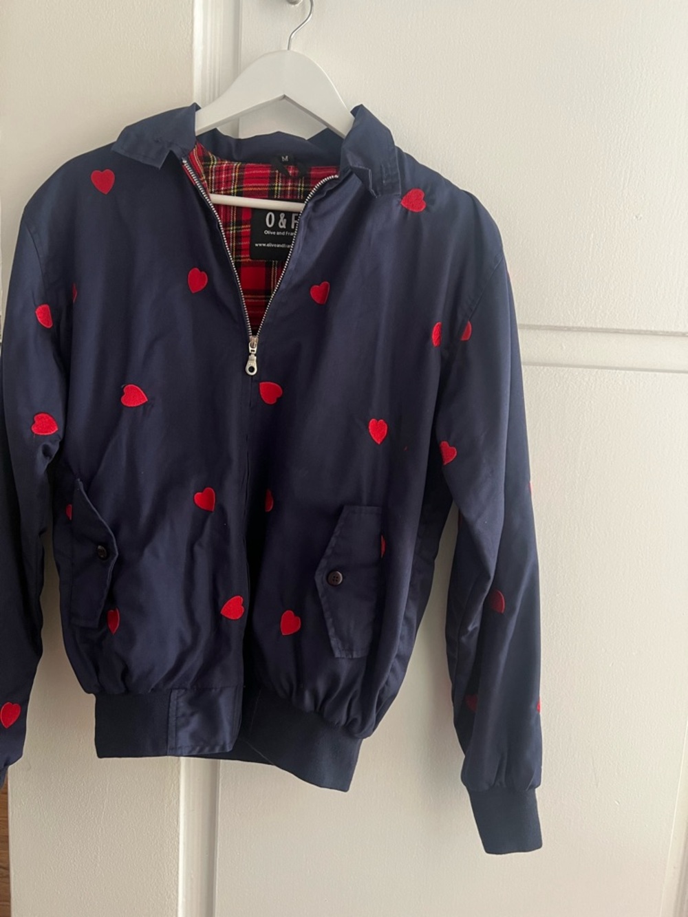 Navy Bomber Jacket with Red Heart Embroidery